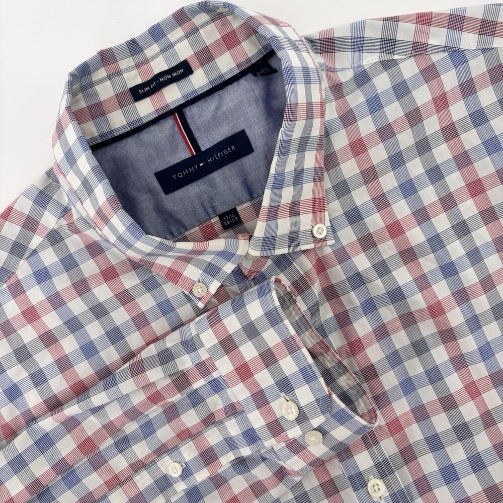 Tommy Hilfiger Men's 17.5 32-33 Slim Fit Non Iron Plaid Shirt Blue Red